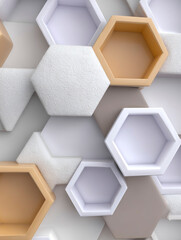 Poster - contemporary abstract background with layered hexagonal shapes in soft beige, white, and gray tones 
