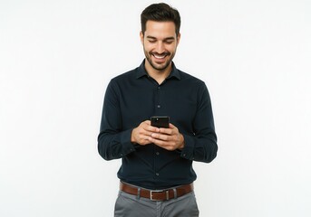 Smiling man in a shirt is looking at his smartphone while holding it in his hands