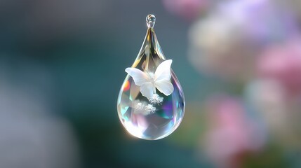 Poster - Delicate butterfly suspended in crystal droplet amidst softly blurred flowers in a garden setting