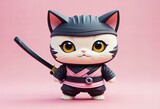 Cute ninja cat character design in minimalist chibi style, simple background