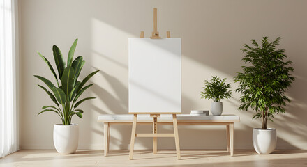 Poster - Bright Interior Scene Featuring a Blank Canvas on Wooden Easel with Potted Plants Creating a Serene and Minimalist Atmosphere