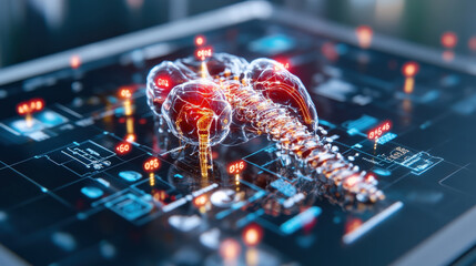 Poster - Digital representation of human spine and brain is displayed on futuristic interface, highlighting integration of technology and biology in medical research
