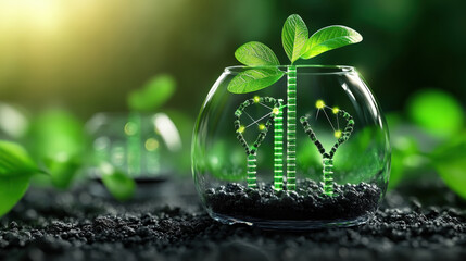 Poster - Vibrant image of green plants growing in glass container, symbolizing biotechnology and innovation in agriculture. scene conveys sense of growth and sustainability