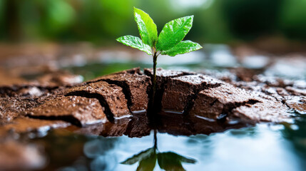 Poster - Small green plant emerges from cracked soil, symbolizing resilience and hope amidst climate change challenges. vibrant leaves contrast with dry earth, reflecting adaptation