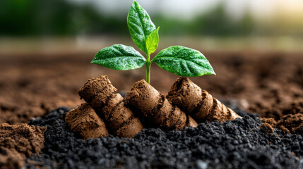 Poster - Young green plant emerges from rich soil, symbolizing growth and sustainability. vibrant leaves contrast with dark earth, highlighting themes of environmental renewal