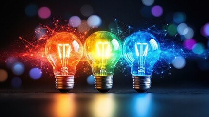 Poster - Three colorful light bulbs, glowing in red, yellow, and blue, symbolize creativity and innovation. vibrant lights are connected by abstract digital networks, representing ideas and technology