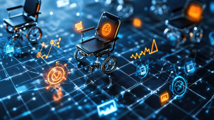 Poster - Futuristic digital wheelchair concept with glowing icons representing technology and accessibility on grid background, highlighting innovation in mobility and inclusion
