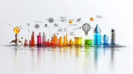 Aufkleber - Creative illustration of colorful cityscape with various industrial and technological elements, symbolizing innovation and digital transformation in business models