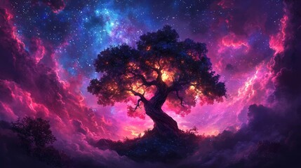 Wall Mural - in a peaceful night setting, an elegant digital tree glows brightly with its branches and roots entw