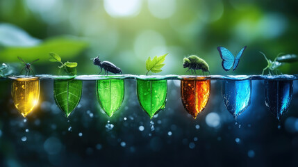 Aufkleber - Colorful leaves and insects rest on vibrant glass containers filled with liquid, set against blurred green background. scene evokes sense of harmony and environmental awareness
