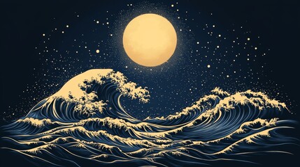 Wall Mural - A serene night sky with a full moon shining brightly over ocean waves embodies the idea of beach waves landscapes in the Echo Surf illustration