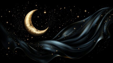 Wall Mural - an illustration is set against a black silk background, utilizing moonshadow fabric