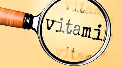 Poster - Vitamin C under careful examination. Focusing on Vitamin C, analyzing it, taking a closer look. Concentrating on Vitamin C, targeting and reviewing it, searching for answers