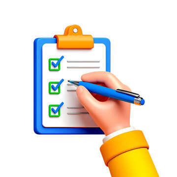 3D hand holding pen marking checklist completed tasks to do list planning success concept isolated rendered illustration filling form graphic element