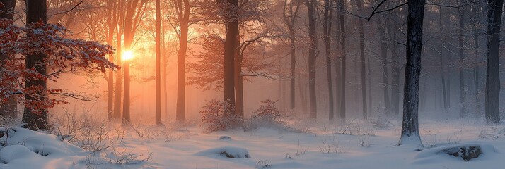 Wall Mural - Winter sunbeams in a snowy forest