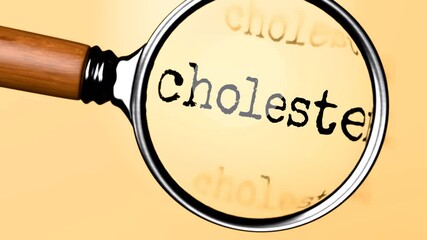 Poster - Cholesterol under careful examination. Focusing on Cholesterol, analyzing it, taking a closer look. Concentrating on Cholesterol, targeting and reviewing it, searching for answers