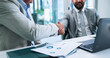 © peopleimages.com - Business men, deal and shaking hands in office for merger, partnership or acquisition. Finance, team and handshake for collaboration with company buyer for share purchase, joint venture or agreement