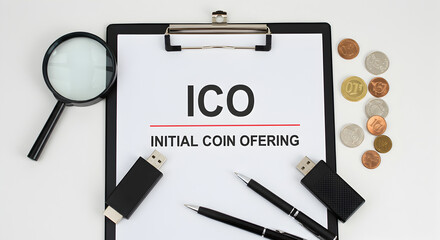Aufkleber - Overhead Shot of Ico Initial Coin Offering Concept with Pen Usb and Magnifier on White Background