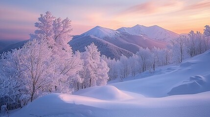Wall Mural - Winter wonderland sunrise in the mountains.  Frozen trees and snow-covered peaks