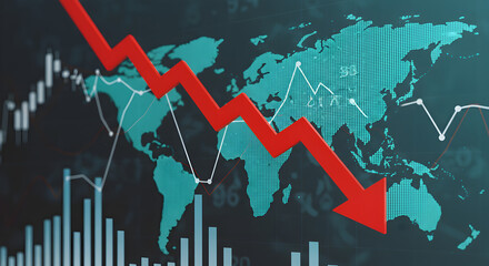Poster - Stock Market Downturn Illustration with Red Arrow on Teal World Map and Blue Graphs Conveying Financial Loss and Economic Decline