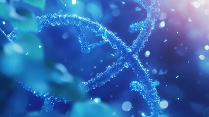Poster - close-up view of blue dna double helix structure with shimmering strands against a soft blurred back