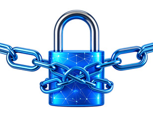 Poster - Secure digital data protection concept.  Blue padlock secured by chain links, symbolizes online safety and data privacy