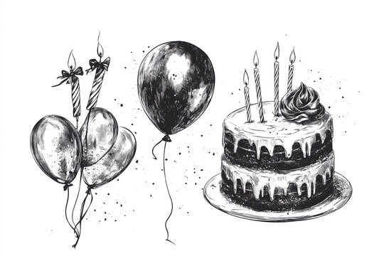 Elegant Happy Birthday Greeting with Gold and Silver Balloons and Festive Confetti, Happy birthday handwritten text lettering on white background, 4K Resolution Birthday Scene with Shiny Balloons 
