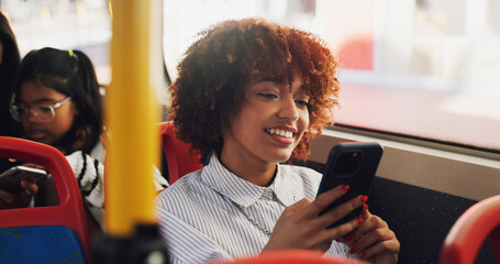 Poster - Phone, happy and woman on bus online for checking university exam results on mobile app with travel. Cellphone, college and female student reading acceptance email on public transportation in city.