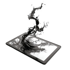 Poster - Abstract black liquid splashing on modern tablet screen 3d art wave flow on transparent background