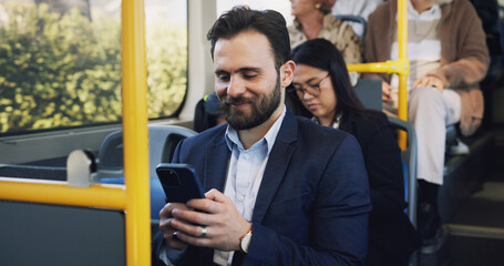 Aufkleber - Happy, businessman and typing with phone on bus for travel, communication or public transport in city. Man, traveler or smile with mobile smartphone in passenger vehicle for local commute in town