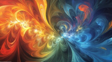 Poster - Vibrant fractal abstract background with intricate colorful patterns and dynamic swirling shapes for digital wallpaper and creative design projects