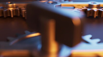 Looping animation of a mechanical structure made of metal gears. Cyclic movement. Close-up. Horizontal composition. Defocus.
