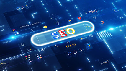 Fototapete - SEO Search Engine Optimization Concept. Colorful Insights Statistics Charts and Futuristic Analytics Elements Icons on Dark Blue Digital Technology Background.