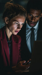 Poster - Close-up of a woman in a burgundy blazer and a man in a suit, intently focused on a laptop screen, conveying collaboration and late-night work