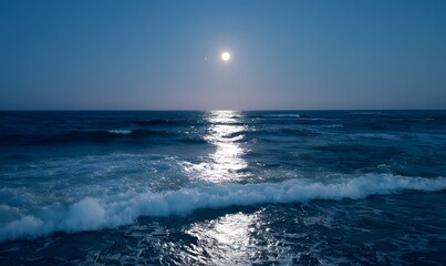 Wall Mural - the wide and deep sea surface, the moonlight pouring down like a diamond, the sea and the moon shini
