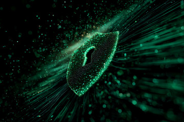 Poster - abstract green glowing particle keyhole, dark background, radiating light streaks, symbolizes digita