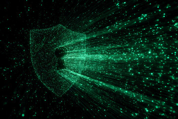Poster - green glowing shield formed by particles, radiating light streaks on dark background, symbolizing se