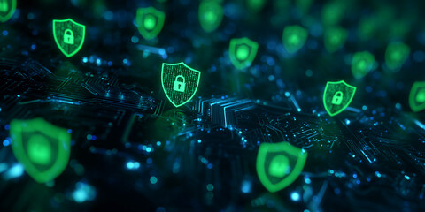 Poster - Abstract image of glowing green shields with lock icons hovering above a circuit board, symbolizing digital security and data protection