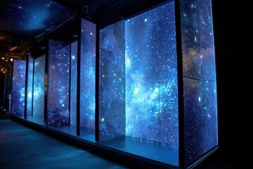 Wall Mural - 3d led wall panel with cosmic blue tones and black starscape, mimicking a celestial view.