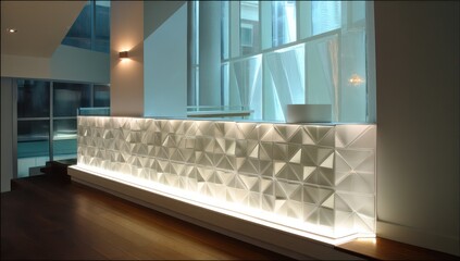 Wall Mural - 3d led panel with a crystal-clear glass design and soft edge lighting, illuminating gently.