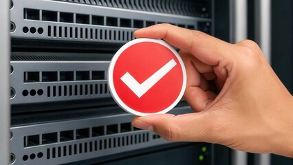 Aufkleber - Hand Placing Red Check Mark Sign on Server Rack for Confirmation