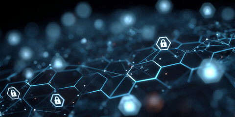 Fototapete - Abstract blue network with glowing hexagonal nodes and padlock icons, showcasing digital security and data protection concept