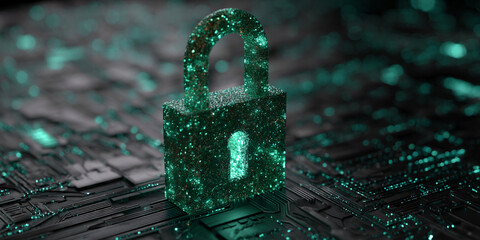 Poster - green glitter padlock on dark circuit board background, symbolizing digital security and data protec