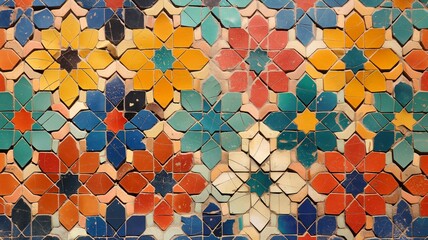 Poster - Vibrant abstract mosaic featuring floral patterns in bold colors and intricate designs on a textured background