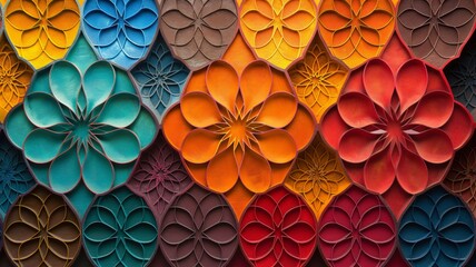 Poster - Colorful abstract mosaic background featuring intricate floral patterns in shades of blue, orange, and red