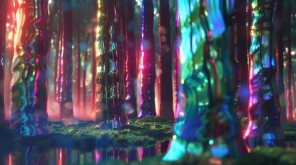Poster - A surreal forest made of iridescent glass trees, their trunks swirling with vibrant greens, pinks, and blues, reflecting the morning sunlight