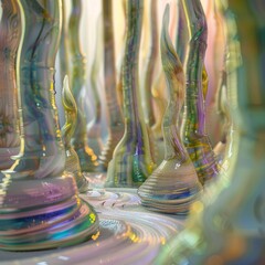 Poster - A surreal forest made of iridescent glass trees, their trunks swirling with vibrant greens, pinks, and blues, reflecting the morning sunlight