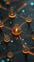 Poster - Abstract image of glowing padlock connected to network nodes, symbolizing cybersecurity, data protection, and network security