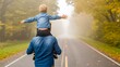 © Jannatul - Father Carries Son on Shoulders on Foggy Road with Arms Outstretched Joyfully