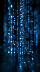 Fototapete - Abstract image of blue binary code falling, creating a digital rain effect, symbolizing data flow, technology, and innovation